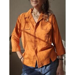 Vintage Silk Orange Blouse: colorful Buttoned Collared Shirt Top (S/M)